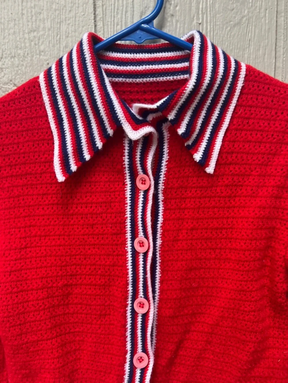 Vintage Red Button-Up Sweater with Striped Trim - Picture 2 of 6